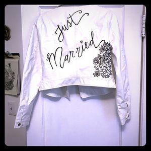 Handmade JUST MARRIED faux white leather jacket
